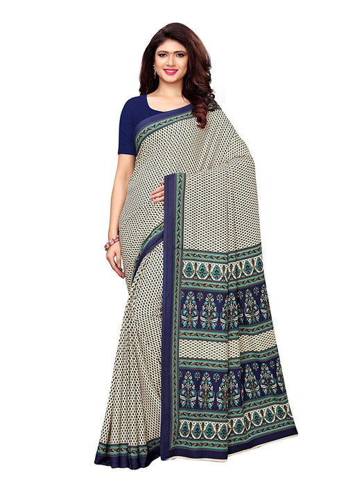 Off White, Navy Blue Color Crepe Saree only in Bigswipe