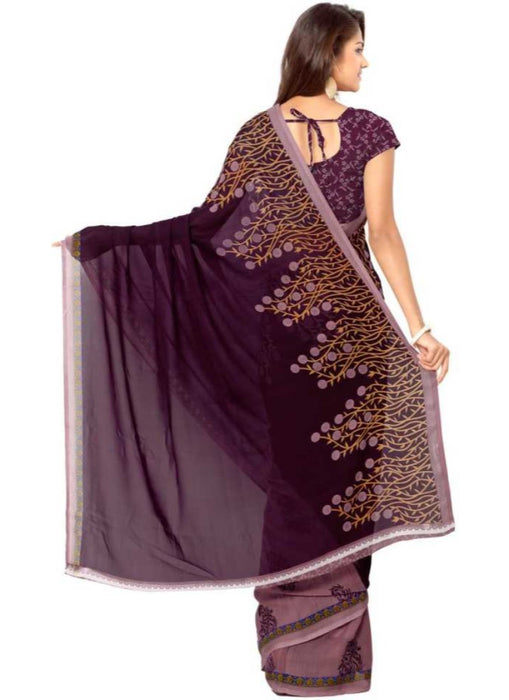 Printed Faux Georgette Wine Color Saree only in Bigswipe