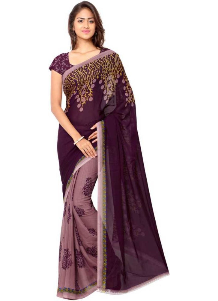 Printed Faux Georgette Wine Color Saree only in Bigswipe