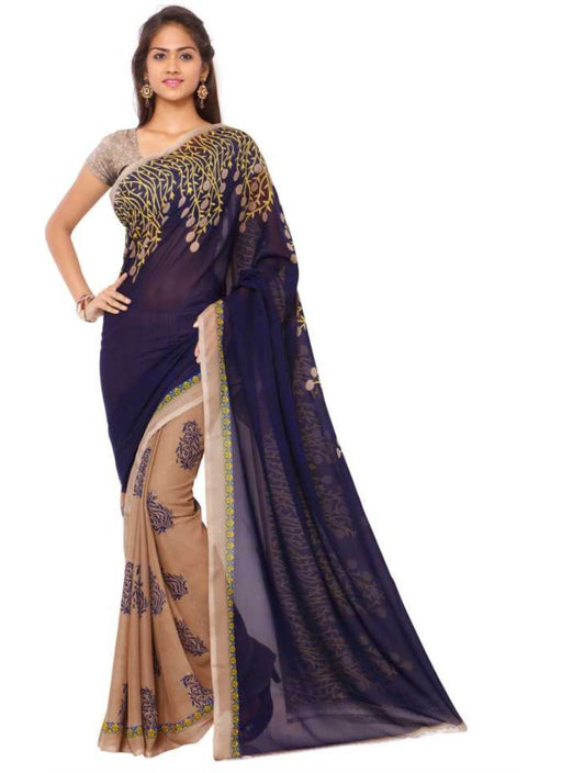 Printed Faux Georgette Blue Color Saree only in Bigswipe