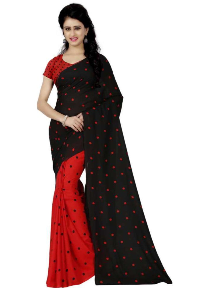 Printed Faux Georgette Red black Color Saree only in Bigswipe