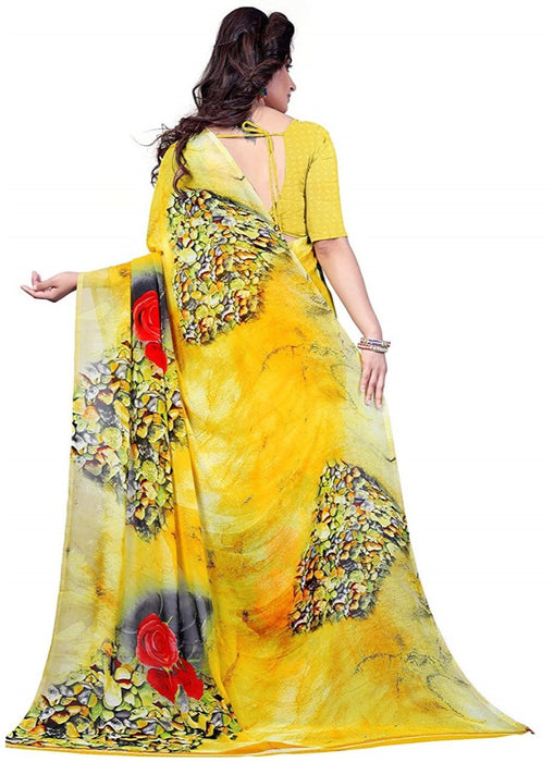 Printed Faux Georgette Yellow Color Saree only in Bigswipe