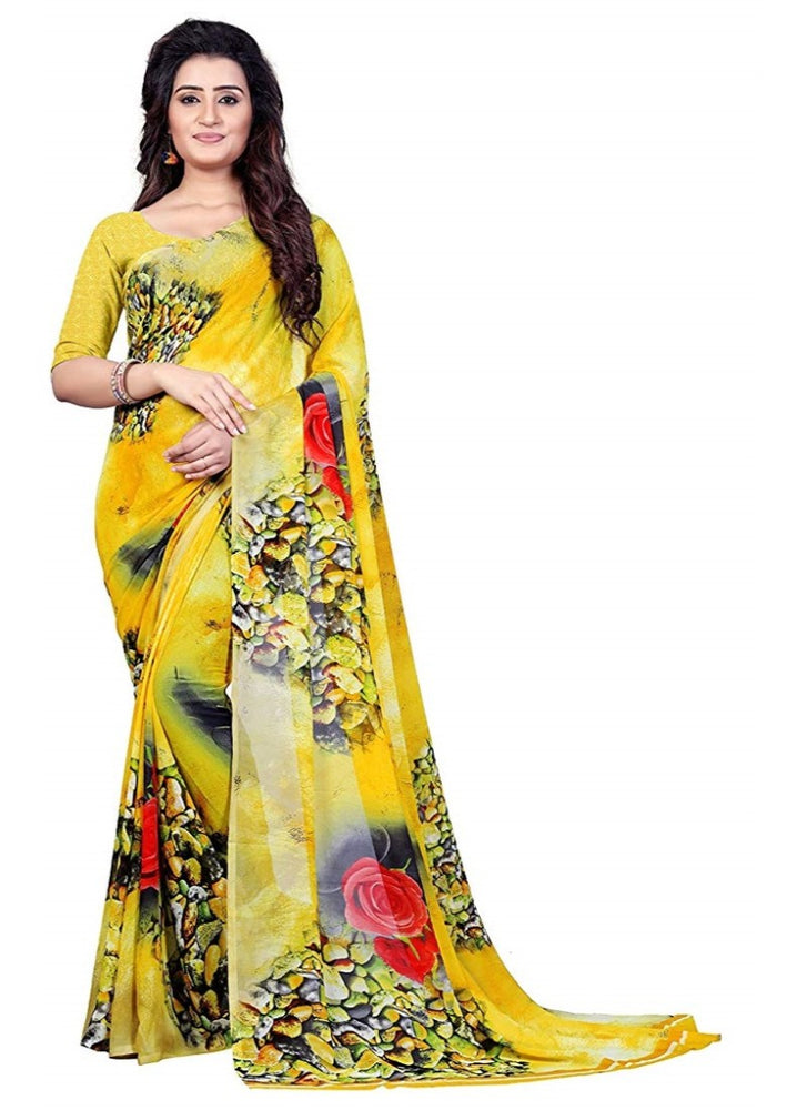 Printed Faux Georgette Yellow Color Saree only in Bigswipe