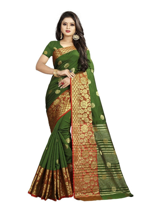 Green Color Printed Cotton Silk Saree With Blouse only in Bigswipe