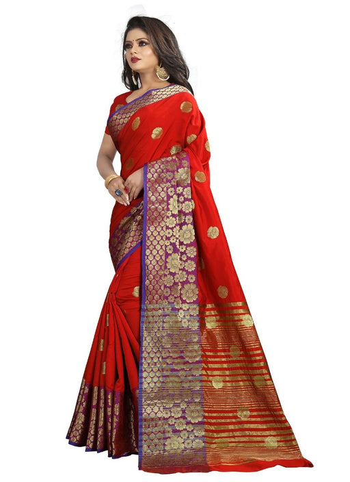 Red Color Printed Cotton Silk Saree With Blouse