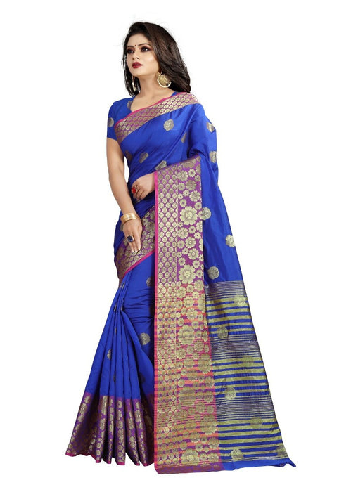 Blue Color Printed Cotton Silk Saree With Blouse only in Bigswipe