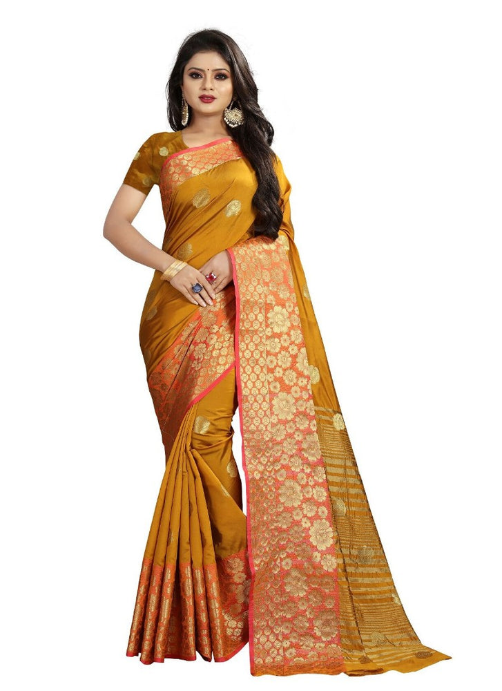 Gold Color Printed Cotton Silk Saree With Blouse only in Bigswipe