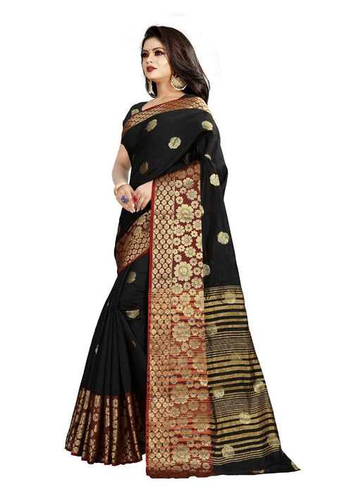 Black Color Printed Cotton Silk Saree With Blouse only in Bigswipe