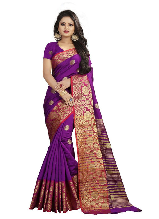 Blue, Purple Color Printed Cotton Silk Saree With Blouse only in Bigswipe