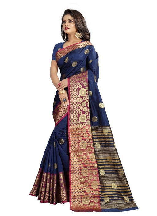 Navy Blue Color Printed Cotton Silk Saree With Blouse only in Bigswipe