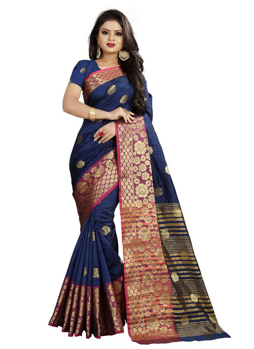 Navy Blue Color Printed Cotton Silk Saree With Blouse only in Bigswipe