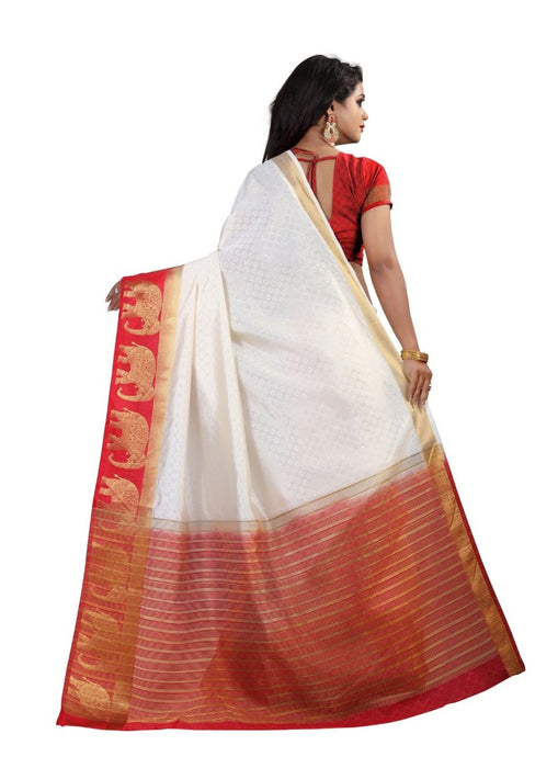 White Color Printed Silk Blend Saree With Blouse