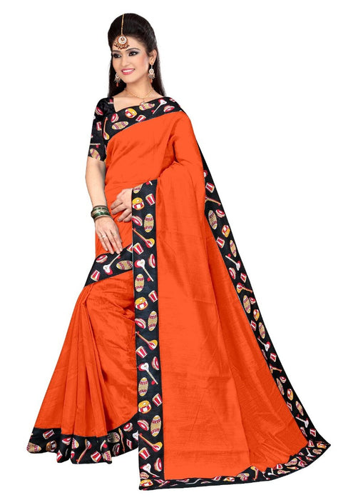 Orange Color Printed Chanderi Silk Saree With Blouse only in Bigswipe