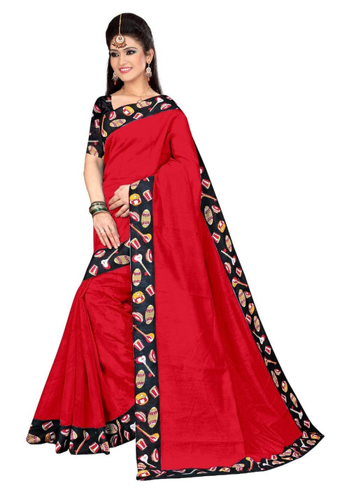 Red Color Printed Chanderi Silk Saree With Blouse