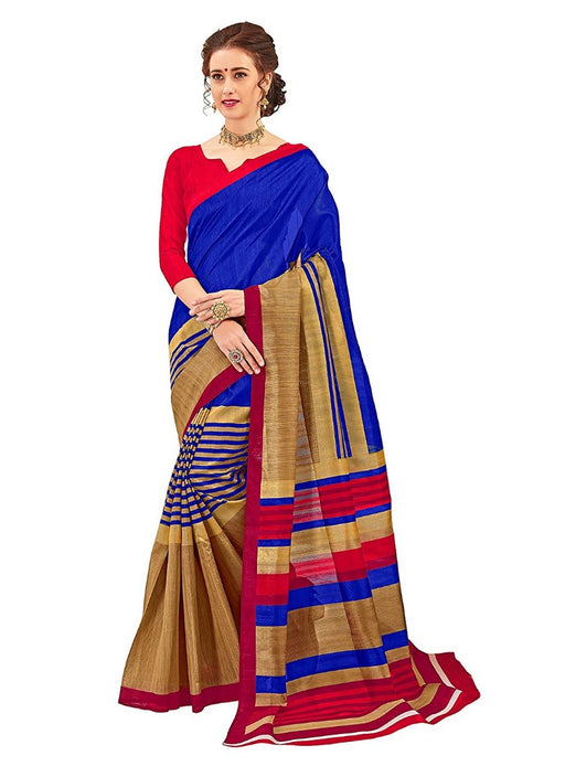 Blue &amp; Brown Color Printed Bhagalpuri Silk Saree With Blouse only in Bigswipe