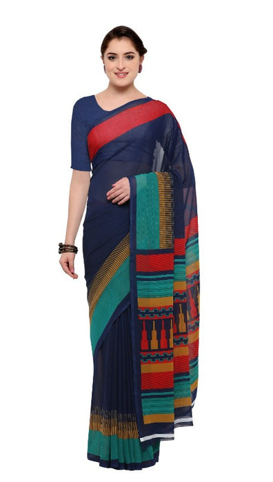 Navy Blue Color Printed Georgette Saree With Blouse only in Bigswipe