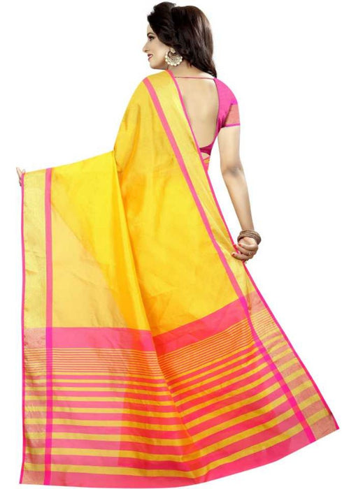 Yellow Color Printed Cotton Polyester Silk Saree With Blouse