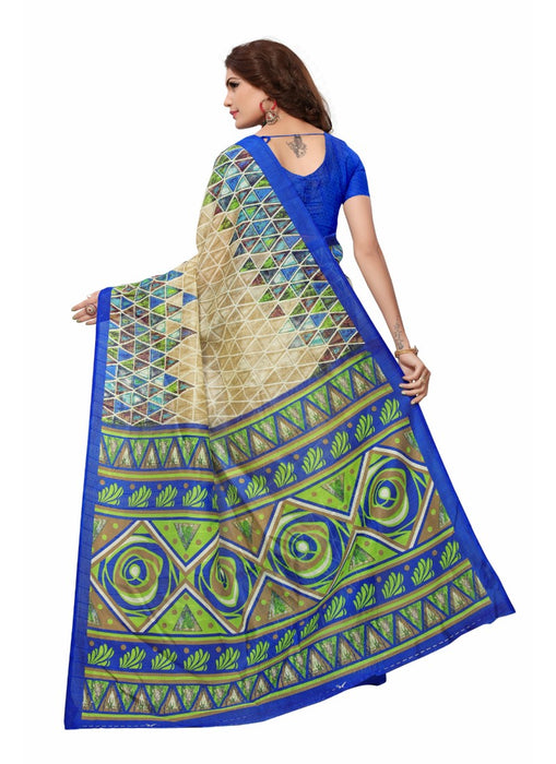 Blue and beige Color Printed Bhagalpuri Silk Saree With Blouse only in Bigswipe