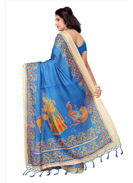 Blue Color Printed Khadi Silk Jhalor Saree With Blouse only in Bigswipe