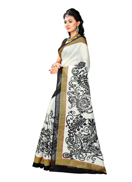 Black and white Color Printed Bhagalpuri Silk Saree With Blouse only in Bigswipe