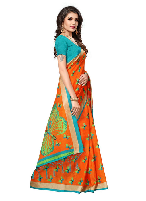 Orange Color Printed Khadi Silk Jhalor Saree With Blouse only in Bigswipe