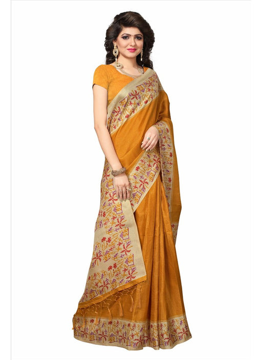 Golden Color Printed Khadi Silk Jhalor Saree With Blouse only in Bigswipe