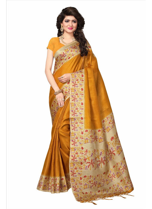 Golden Color Printed Khadi Silk Jhalor Saree With Blouse only in Bigswipe