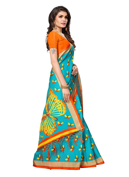 Blue Color Printed Khadi Silk Jhalor Saree With Blouse only in Bigswipe