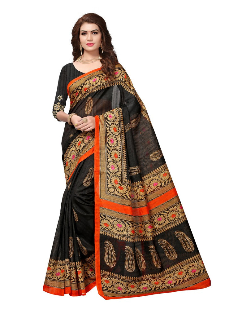 Black Color Printed Bhagalpuri Silk Saree With Blouse only in Bigswipe