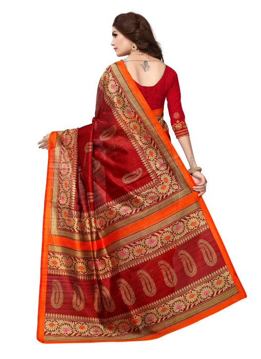 Red Color Printed Bhagalpuri Silk Saree With Blouse