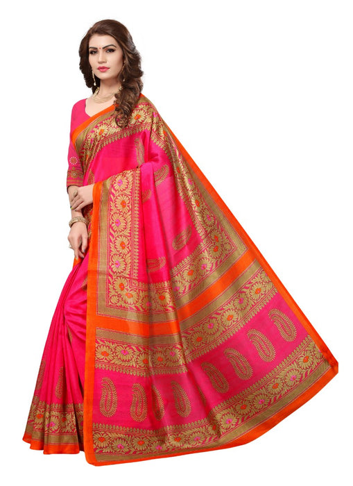 Pink Color Printed Bhagalpuri Silk Saree With Blouse only in Bigswipe