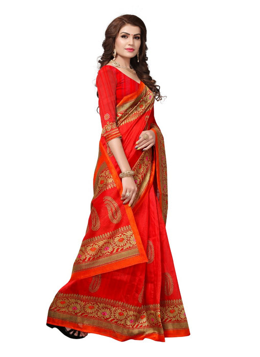 Red Color Printed Bhagalpuri Silk Saree With Blouse