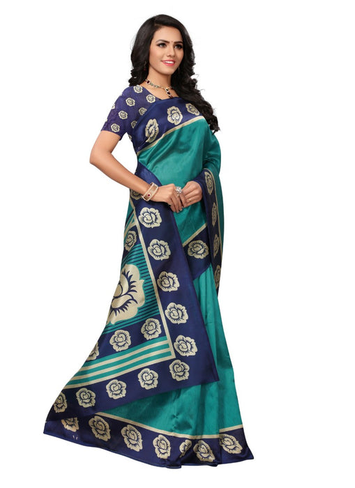 Turquoise Color Printed Mysore kalamkari Silk Saree With Blouse