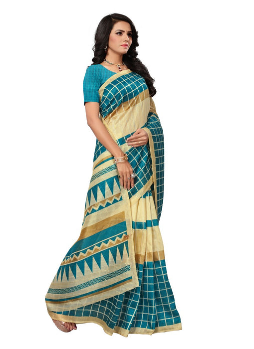 turquoise Color Printed Bhagalpuri Silk Saree With Blouse