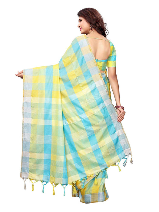 Yellow, Blue Color Linen (Poly Linen) Saree