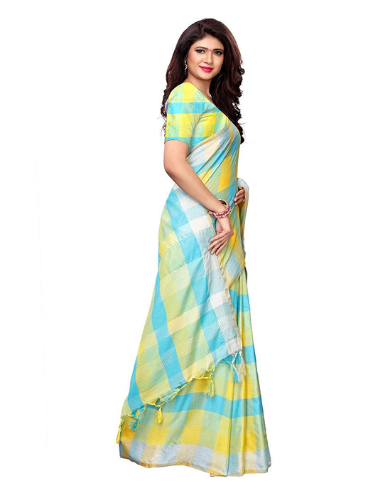 Yellow, Blue Color Linen (Poly Linen) Saree