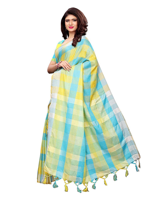 Yellow, Blue Color Linen (Poly Linen) Saree