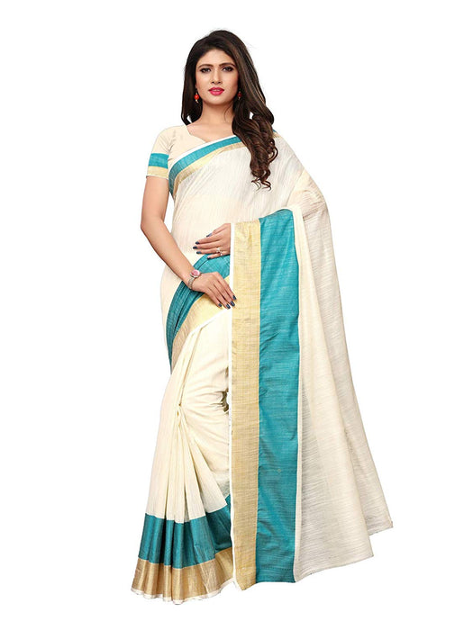 Off White, Turquoise Color Cotton Silk Saree only in Bigswipe