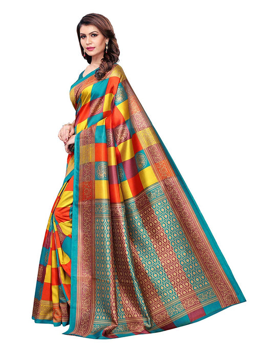 Turquoise, Multi Color Poly Silk Saree