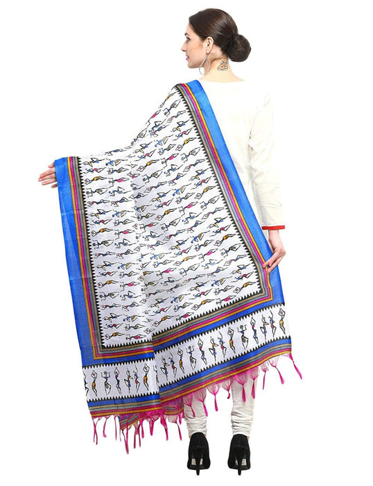 Off White,Royal Blue Color Art Silk Dupatta only in Bigswipe