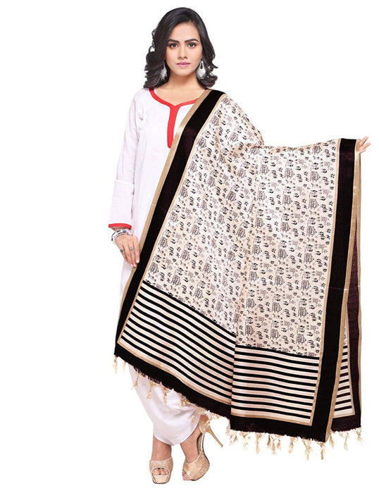 Cream, Black Color Bhagalpuri Silk Dupatta only in Bigswipe