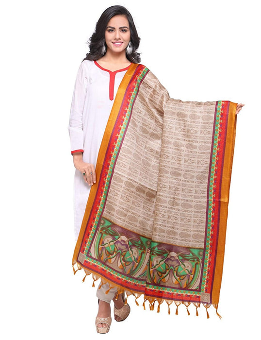 Beige, Yellow, Red Color Bhagalpuri Silk Dupatta only in Bigswipe