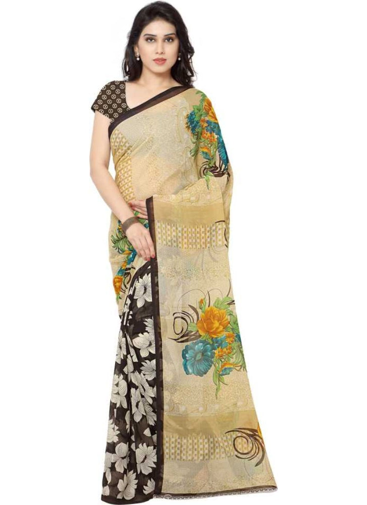 Printed Faux Georgette Brown Color Saree only in Bigswipe
