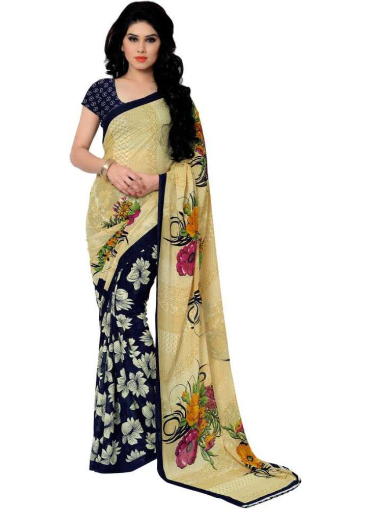 Printed Faux Georgette Blue Color Saree only in Bigswipe