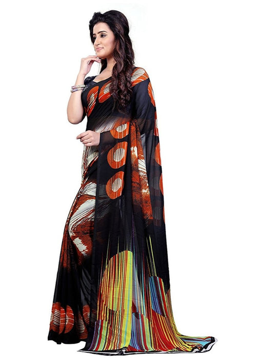 Printed Faux Georgette Black Color Saree only in Bigswipe