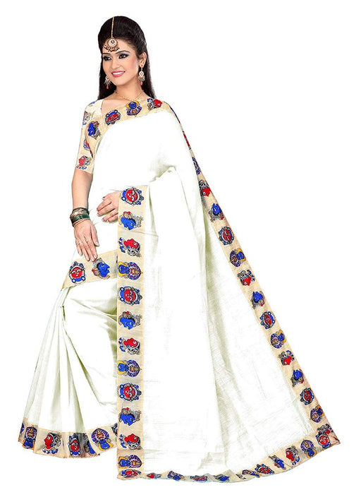 White Color Printed Chanderi Silk Saree With Blouse