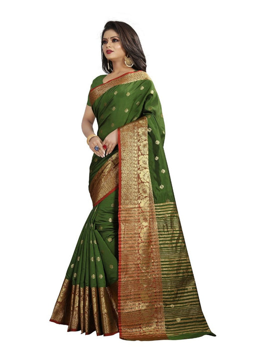 Green Color Printed Cotton Silk Saree With Blouse only in Bigswipe