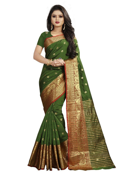 Green Color Printed Cotton Silk Saree With Blouse only in Bigswipe