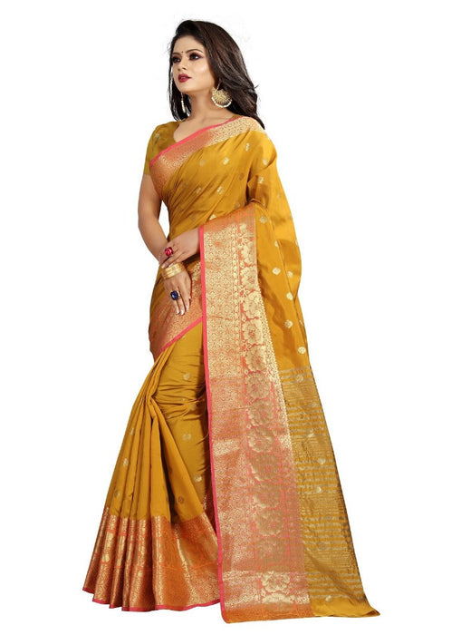 Gold Color Printed Cotton Silk Saree With Blouse only in Bigswipe