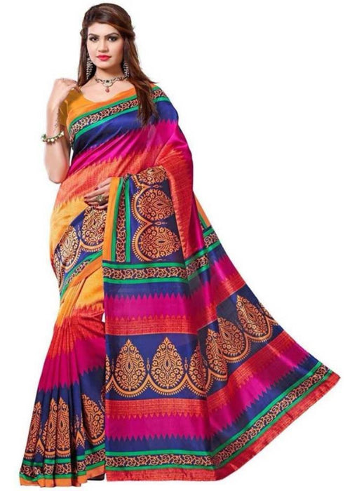 Multi Color Printed Bhagalpuri Silk Saree With Blouse only in Bigswipe